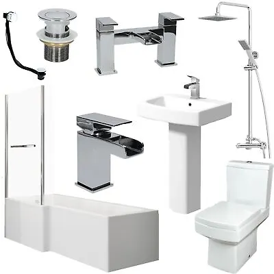 Complete Bathroom Suite 1500 L Shape Bath LH/RH Screen Basin Toilet Taps Shower • £674.97