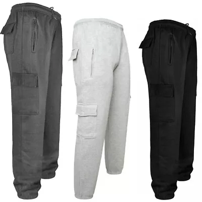 Mens Fleece Cargo Combat Five Pocket Jogging Bottom Tracksuit Jogger Sweat Pants • £10.90