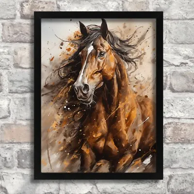 Oil Style Horse Wall Art Picture Wild Horse Art Lounge Artwork Brown Horse Gift • £4.99