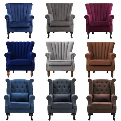 £239.95 • Buy Chesterfield Leather Armchair Fabric Velvet Wing Back Queen Fireside Sofa Chair
