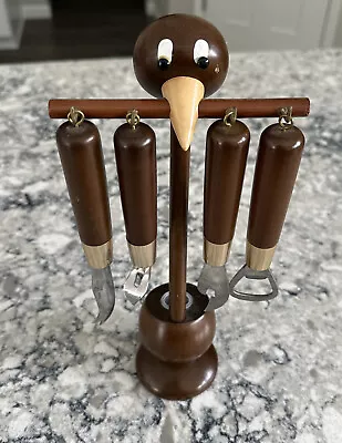 Vintage Wood Mid Century Bartender Bar Tool Set Cocktail Barware Stainless Steel • $44.99