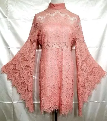 NWT MINKPINK Drama Queen Scallop Coral Pink Lace Bell Sleeve Dress Large • $74.99