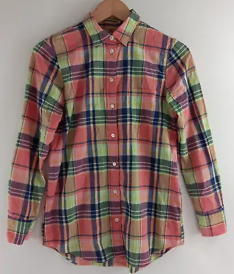 J Crew Button Up Tunic Top Women's Size XS Pink Blue Plaid Long Sleeve Classic • $10.99