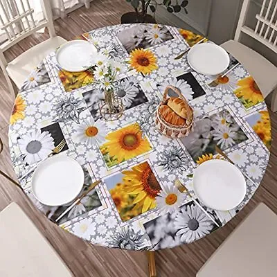$21.01 • Buy Round Vinyl Fitted Tablecloth With Flannel Backing Elastic Table Cover Sunflower