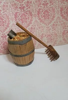 Vintage Wooden Dollhouse Miniature  Barrel Of Nuts & Wooden Rake ~ Lot Of 2 • $14.99