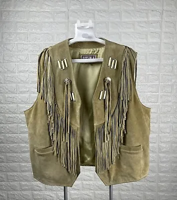 Vintage Fringe Western Leather Suede Vest Cowboy Gilet WaistCoat Tan Beige • $65