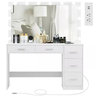 47.2  Large Vanity Desk With Lighted Mirror14 Lights5 Drawers&Charging Station • $269.99