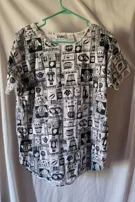 Women Gitano Pullover Shirt Black White Size Small Vases Flowers Tea Pot Casual • $19.99