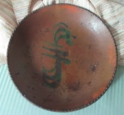 Antique PA Redware: Primitive 8” Dish Or Plate W/ Primitive Green Slip 19thC • $183.30