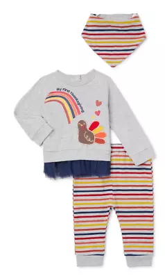 Baby Girl Infant Thanksgiving Outfit 3 Piece Set Top Bottom Bib Size 6-9 Months • $12.99