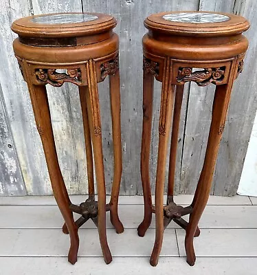 Antique Pair Of 19th C. Asian Carved Elmwood & Marble 36  Plant Stands • $595