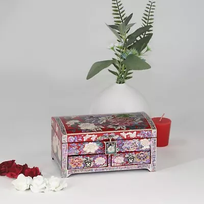 Mother Of Pearl Wooden 2 Drawers Jewelry Box New Red Oriental Storage Handmade • $148.20