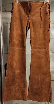 H&M Divided Tan 100% Suede Boot Bell Raw Cut Bottom Pants Side Tie  Zip Size 6 • $75