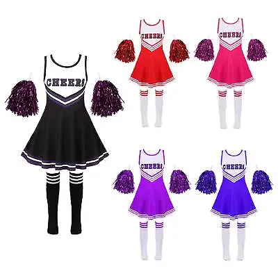 UK Girls Cheerleading Uniform Cosplay Costume Dress With Pom Poms Socks Outfits • £6.43