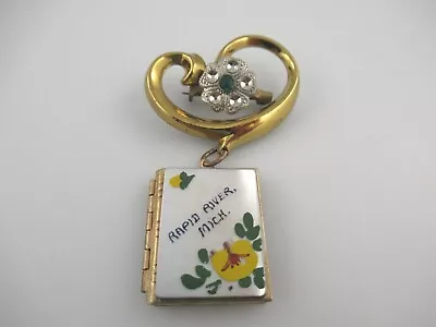 Vintage Rapid River Michigan Mother Of Pearl Hanging Locket Brooch Gold Tone • $19