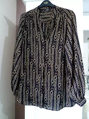 Stylish Wallis Chain Print Blouse With Mandarin Collar - Size 16 • £2.99