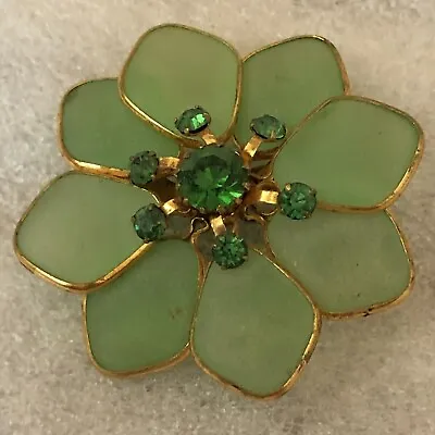 Vintage Signed West Germany Green Rhinestones & Lucite Flower Pin • $20