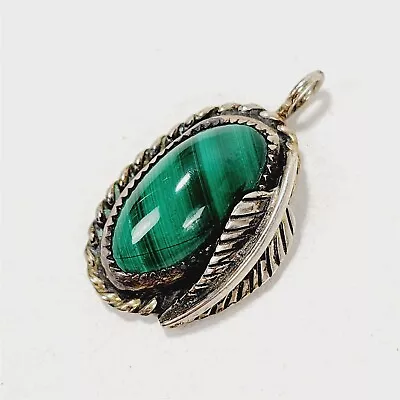 Vintage Sterling Silver Green Malachite Pendant With Leaf • $34.95