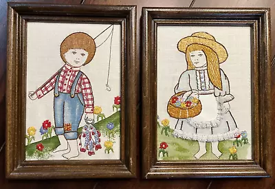 Vintage Pair Framed Hand Embroidered Boy & Girl Pictures (Fishing Flowers) 5x7 • $20