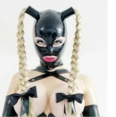 Latex Mask With Pigtails Rubber Two Braid Wigs Hood Mask Latex Headgear Black • £62.69