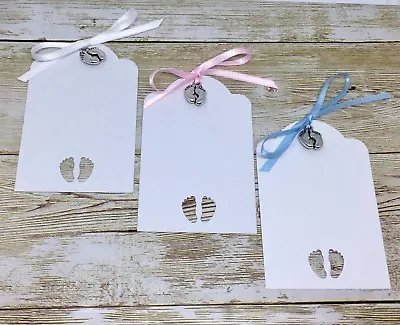 Baby Shower Card TAGS Gift Labels Wish Tree Boy Girl - Blue/Pink/White Ribbon • £4.70