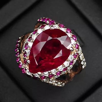 Pigeon Blood Red Ruby Pear 11.80Ct 925 Sterling Silver Handmade Rose Gold Rings • $34.99