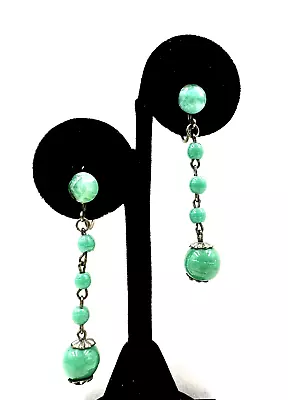 Peking Glass Czech Faux Jade Shoulder Dusters Chandelier Vintage Earrings Lng 2  • $19.99