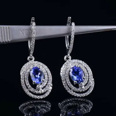 Natural AAA Blue Tanzanite Diamond Swirl Dangle Earrings Solid 14K White Gold • $1000