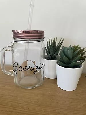 Personalised Mason Jar With Straw Drinking Glass With Handle Unique Gift Idea • £8.99