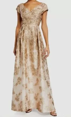 $550 Aidan Mattox Woman Gold V-Neck Metallic Jacquard Gown Dress Size 2 • $175.98
