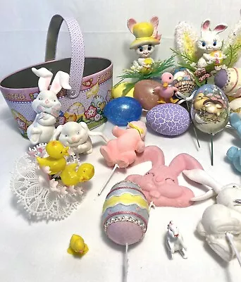 Vintage Lot Of 35+ Easter Picks Flocked Plastic Rabbits Ducks Eggs Decorations • $28.99