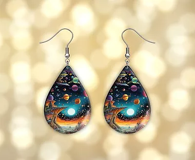 Alien Galaxy Print Earrings Handmade Wood Tear Drop Dangle Printed Jewelry • $14.98