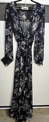 Meghan Los Angeles Dress Womens M Blue Floral Sheer Ballon Sleeve Lined Cocktail • $29.99