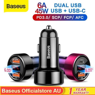 $34.99 • Buy Baseus 45W Fast Charging Car Charger PD3.0 USB Type-C Cigarette Lighter Adapter