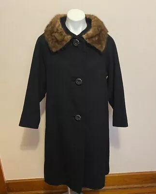 VTG Michel Daniel Paris Black Swing Coat Cashmere Mink Collar Mob Wife Look L/XL • $50