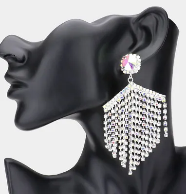 3.75” Big Long Silver Clear Aurora Borealis AB Austrian Crystal Pageant Earrings • $16