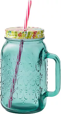 Pioneer Woman Cassie 32 Oz Teal Glass Mason Jar Drinking Glass Lid/Straw USA • $7.48