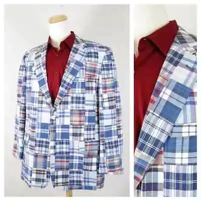 Haspel Red-White-Blue Cotton Madras Plaid Sport Coat Jacket Men's Size 46L • $27