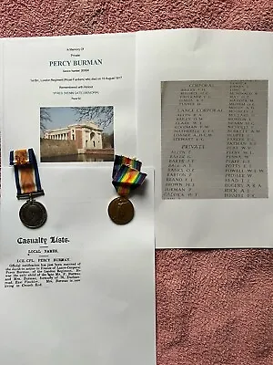 WW1 Medals Burman London Regiment KIA Casualty Forest Gate London Westhoek Ypres • £130