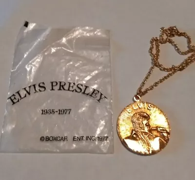 Vintage  ELVIS PRESLEY King Of Rock Necklace Pendant Gold Tone BOXCAR Medallion • $19.99