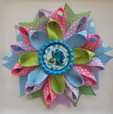 Monsters Inc Pixar Blue Green Pink Bottle Cap Hair Bow 4  FREE Headband Included • $3.95