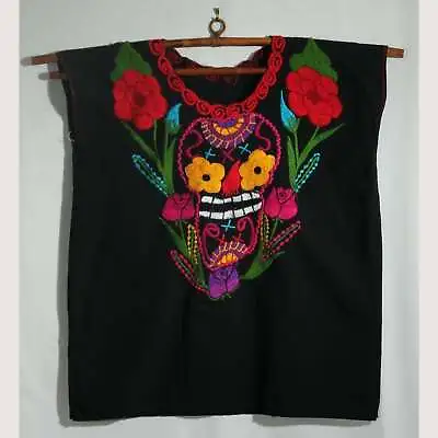 Mexican Black Embroidered Cotton Blouse/Top/Clothing Oaxaca • $54.99