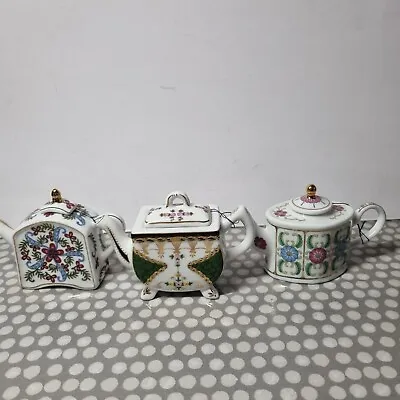 Trio Of Porcelain Art Miniature Blue Teapots • £15.51