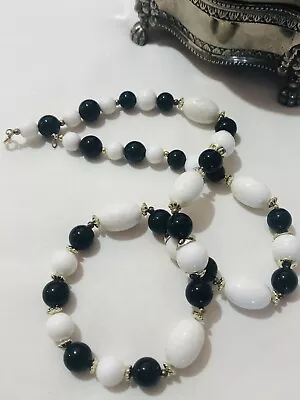 Vintage Estate Jewellery - Necklace Black White Bead Long Strand Retro • $22