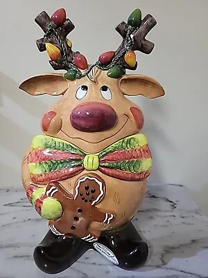 2003 Clay Art Reindeer 15  Ceramic Cookie Gingerbread Jar Hand Painted & Crafted • $50