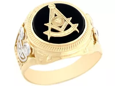 10k Or 14k 2 Tone Real Gold Past Master Freemason Masonic CZ Onyx Mens Ring • $449.99