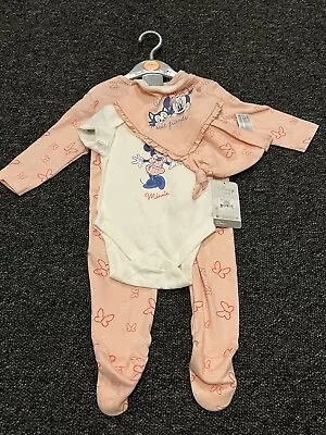 Disney Minnie Mouse Pink Babygrow Sleepsuit Gift Set BNWT Bib Hat Vest 3-6m • £10