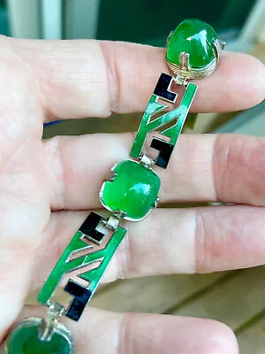 $200 • Buy Antique Art Deco Geometric Green Guilloche Gumdrop Chalcedony Sterling Bracelet