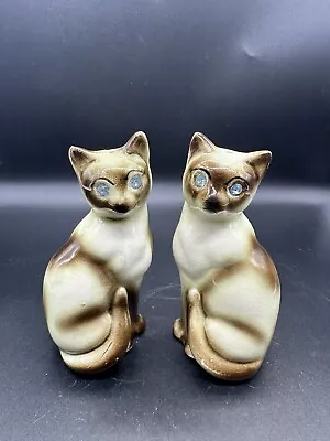 Vintage Siamese Cats Salt Pepper Shaker Blue Rhinestone Japan Victoria Ceramics • $15