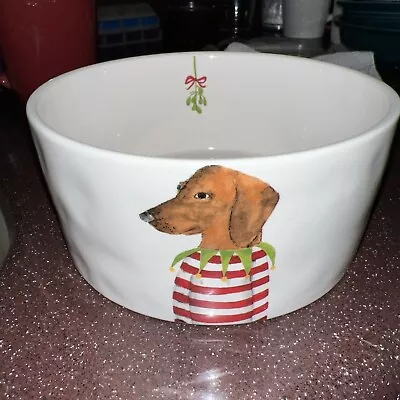 Rae Dunn Dachshund Mistletoe Christmas Pet Food Bowl New 6” Ceramic $$ To PAWS • $15.99